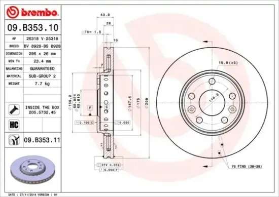 Bremsscheibe Vorderachse BREMBO 09.B353.11 Bild Bremsscheibe Vorderachse BREMBO 09.B353.11