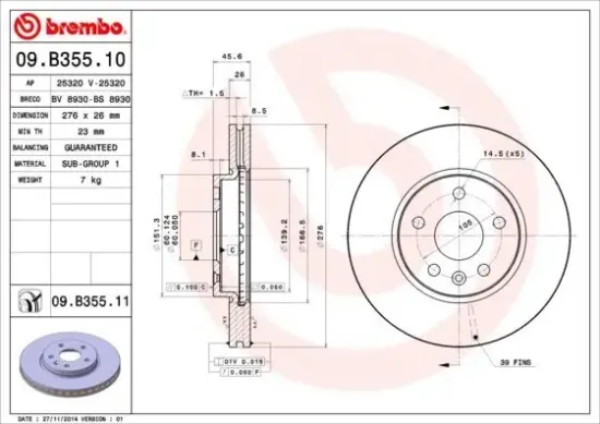 Bremsscheibe BREMBO 09.B355.10 Bild Bremsscheibe BREMBO 09.B355.10