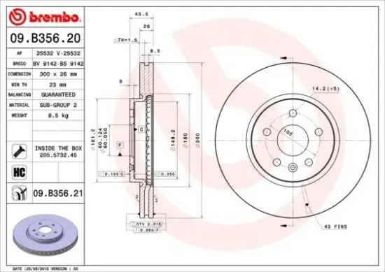 Bremsscheibe Vorderachse BREMBO 09.B356.21 Bild Bremsscheibe Vorderachse BREMBO 09.B356.21