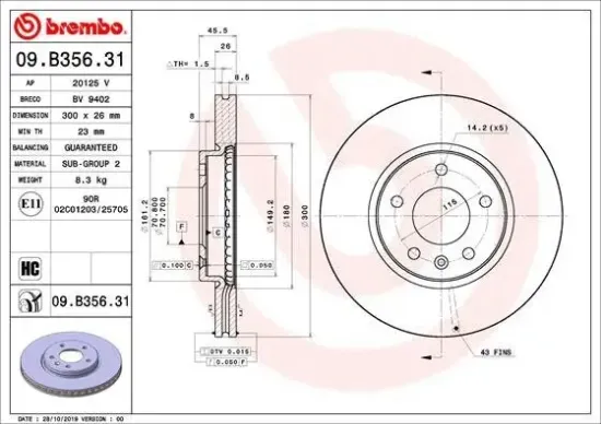 Bremsscheibe Vorderachse BREMBO 09.B356.31 Bild Bremsscheibe Vorderachse BREMBO 09.B356.31