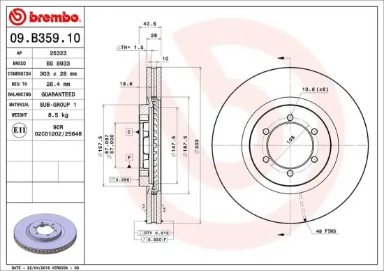 Bremsscheibe Vorderachse BREMBO 09.B359.10 Bild Bremsscheibe Vorderachse BREMBO 09.B359.10