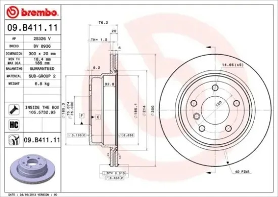 Bremsscheibe Hinterachse BREMBO 09.B411.11 Bild Bremsscheibe Hinterachse BREMBO 09.B411.11