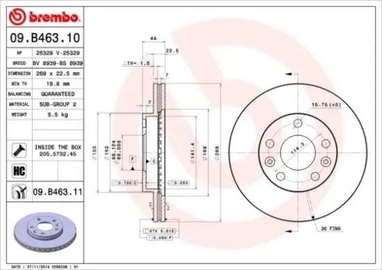 Bremsscheibe Vorderachse BREMBO 09.B463.11 Bild Bremsscheibe Vorderachse BREMBO 09.B463.11
