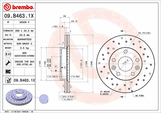 Bremsscheibe Vorderachse BREMBO 09.B463.1X Bild Bremsscheibe Vorderachse BREMBO 09.B463.1X