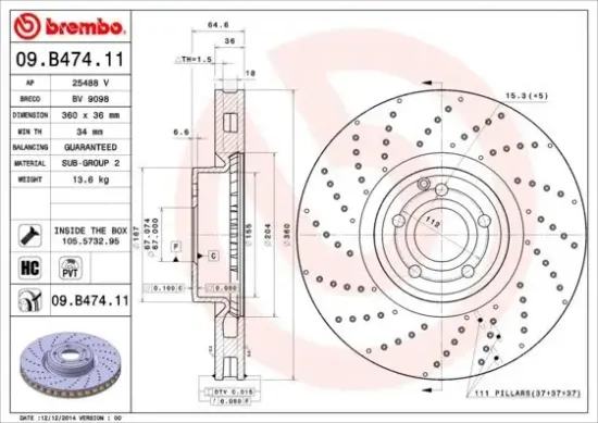 Bremsscheibe Vorderachse BREMBO 09.B474.11 Bild Bremsscheibe Vorderachse BREMBO 09.B474.11