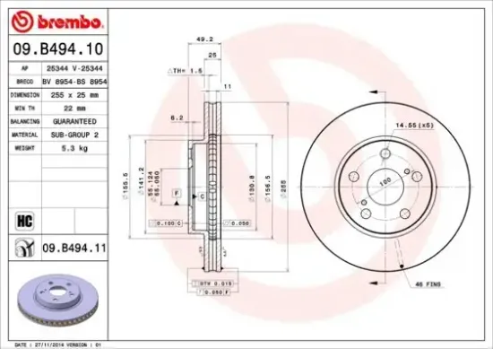 Bremsscheibe Vorderachse BREMBO 09.B494.11 Bild Bremsscheibe Vorderachse BREMBO 09.B494.11