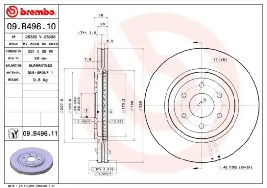 Bremsscheibe Vorderachse BREMBO 09.B496.11 Bild Bremsscheibe Vorderachse BREMBO 09.B496.11