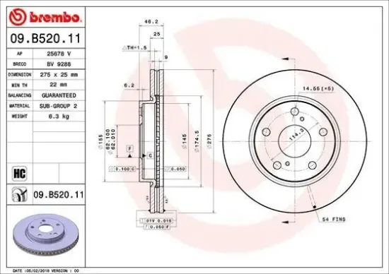 Bremsscheibe Vorderachse BREMBO 09.B520.11 Bild Bremsscheibe Vorderachse BREMBO 09.B520.11