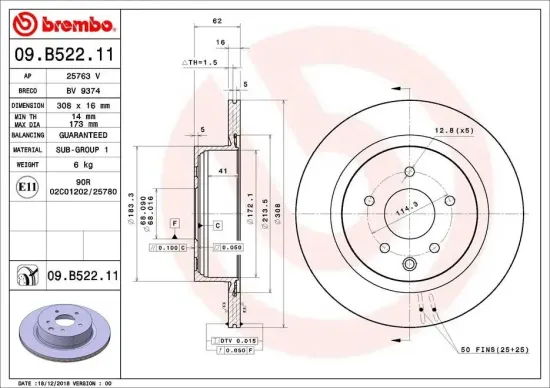 Bremsscheibe Hinterachse BREMBO 09.B522.11 Bild Bremsscheibe Hinterachse BREMBO 09.B522.11