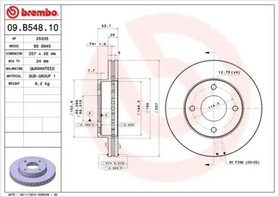 Bremsscheibe Vorderachse BREMBO 09.B548.10 Bild Bremsscheibe Vorderachse BREMBO 09.B548.10