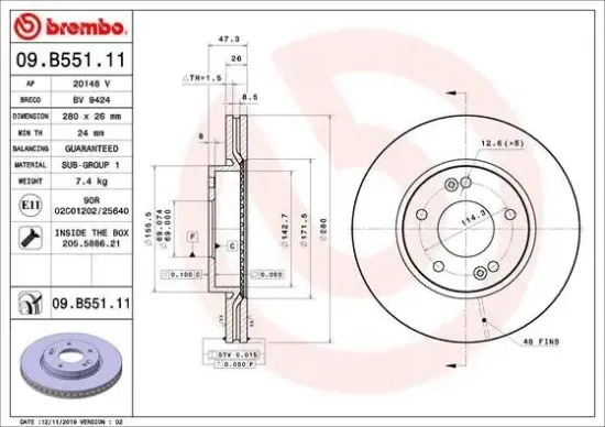 Bremsscheibe BREMBO 09.B551.11 Bild Bremsscheibe BREMBO 09.B551.11