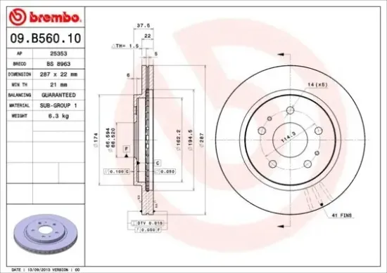 Bremsscheibe Vorderachse BREMBO 09.B560.10 Bild Bremsscheibe Vorderachse BREMBO 09.B560.10