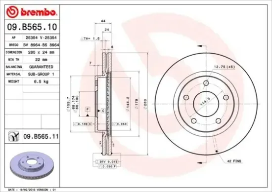 Bremsscheibe Vorderachse BREMBO 09.B565.11 Bild Bremsscheibe Vorderachse BREMBO 09.B565.11