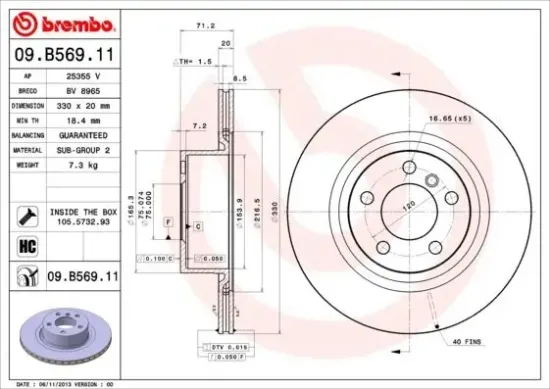 Bremsscheibe Hinterachse BREMBO 09.B569.11 Bild Bremsscheibe Hinterachse BREMBO 09.B569.11