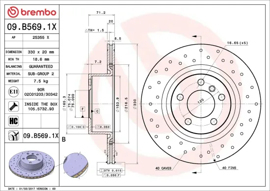 Bremsscheibe Hinterachse BREMBO 09.B569.1X Bild Bremsscheibe Hinterachse BREMBO 09.B569.1X