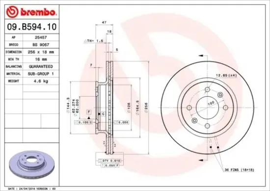 Bremsscheibe Vorderachse BREMBO 09.B594.10 Bild Bremsscheibe Vorderachse BREMBO 09.B594.10