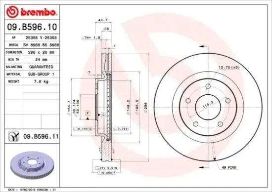 Bremsscheibe Vorderachse BREMBO 09.B596.11 Bild Bremsscheibe Vorderachse BREMBO 09.B596.11