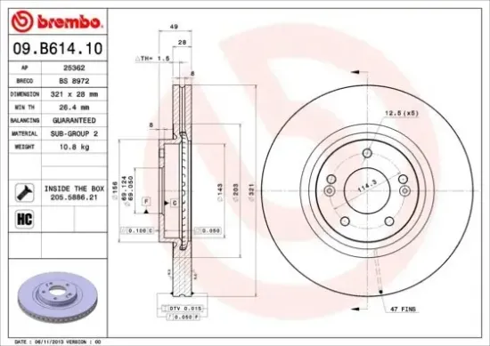 Bremsscheibe Vorderachse BREMBO 09.B614.10 Bild Bremsscheibe Vorderachse BREMBO 09.B614.10