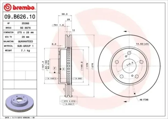 Bremsscheibe Vorderachse BREMBO 09.B626.10 Bild Bremsscheibe Vorderachse BREMBO 09.B626.10