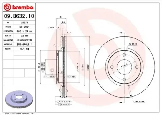 Bremsscheibe Vorderachse BREMBO 09.B632.10 Bild Bremsscheibe Vorderachse BREMBO 09.B632.10