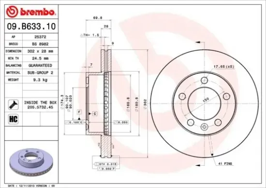 Bremsscheibe Vorderachse BREMBO 09.B633.10 Bild Bremsscheibe Vorderachse BREMBO 09.B633.10