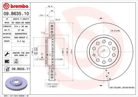 Bremsscheibe Vorderachse BREMBO 09.B635.11 Bild Bremsscheibe Vorderachse BREMBO 09.B635.11