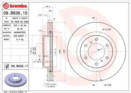 Bremsscheibe Vorderachse BREMBO 09.B636.11 Bild Bremsscheibe Vorderachse BREMBO 09.B636.11