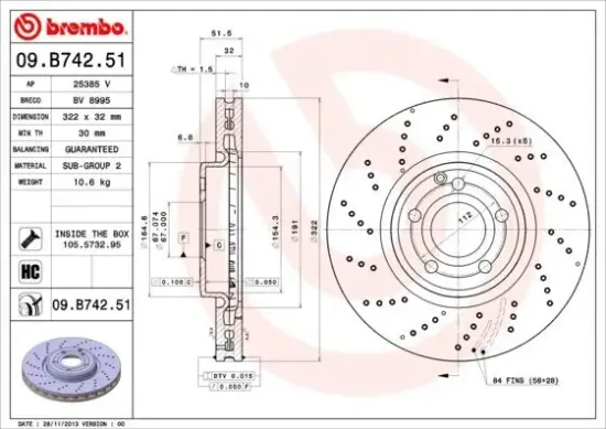 Bremsscheibe Vorderachse BREMBO 09.B742.51 Bild Bremsscheibe Vorderachse BREMBO 09.B742.51