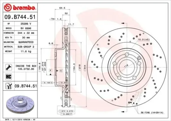Bremsscheibe Vorderachse BREMBO 09.B744.51 Bild Bremsscheibe Vorderachse BREMBO 09.B744.51