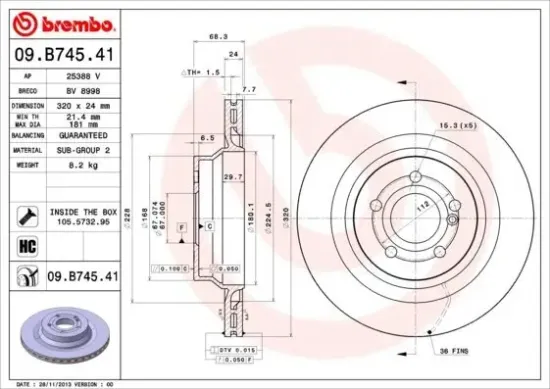 Bremsscheibe Hinterachse BREMBO 09.B745.41 Bild Bremsscheibe Hinterachse BREMBO 09.B745.41