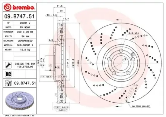 Bremsscheibe Vorderachse BREMBO 09.B747.51 Bild Bremsscheibe Vorderachse BREMBO 09.B747.51