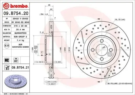 Bremsscheibe Vorderachse BREMBO 09.B754.21 Bild Bremsscheibe Vorderachse BREMBO 09.B754.21
