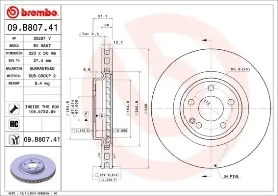 Bremsscheibe Vorderachse BREMBO 09.B807.41 Bild Bremsscheibe Vorderachse BREMBO 09.B807.41