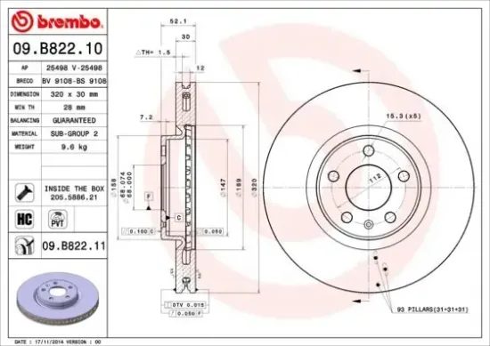 Bremsscheibe Vorderachse BREMBO 09.B822.11 Bild Bremsscheibe Vorderachse BREMBO 09.B822.11