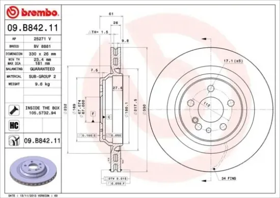 Bremsscheibe Hinterachse BREMBO 09.B842.11 Bild Bremsscheibe Hinterachse BREMBO 09.B842.11