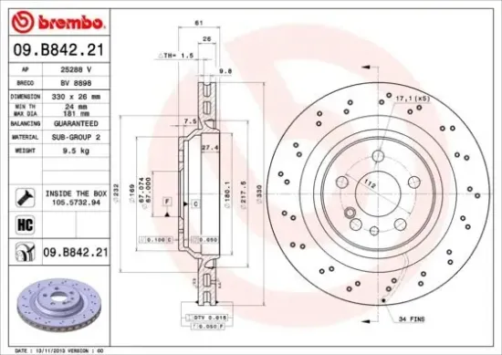 Bremsscheibe Hinterachse BREMBO 09.B842.21 Bild Bremsscheibe Hinterachse BREMBO 09.B842.21