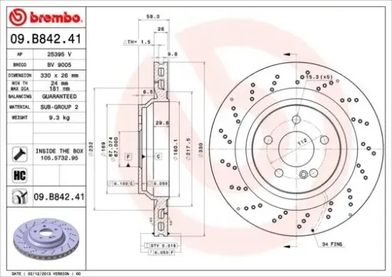 Bremsscheibe Hinterachse BREMBO 09.B842.41 Bild Bremsscheibe Hinterachse BREMBO 09.B842.41