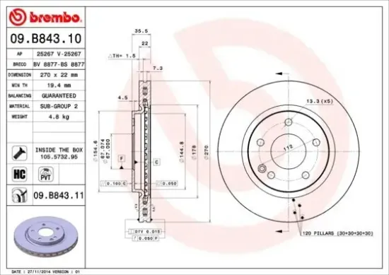 Bremsscheibe Vorderachse BREMBO 09.B843.11 Bild Bremsscheibe Vorderachse BREMBO 09.B843.11