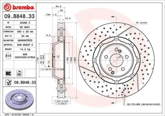 Bremsscheibe Vorderachse BREMBO 09.B848.33 Bild Bremsscheibe Vorderachse BREMBO 09.B848.33