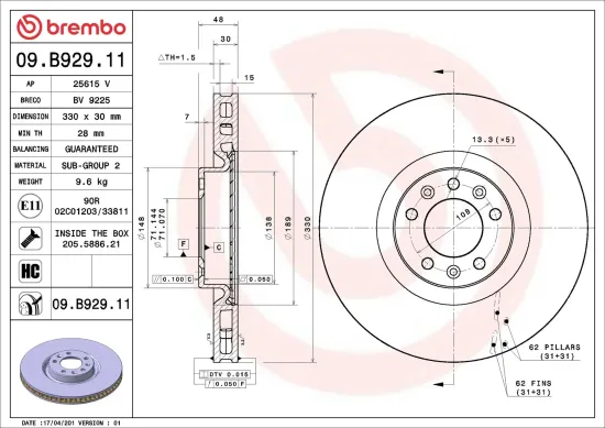 Bremsscheibe Vorderachse BREMBO 09.B929.11 Bild Bremsscheibe Vorderachse BREMBO 09.B929.11