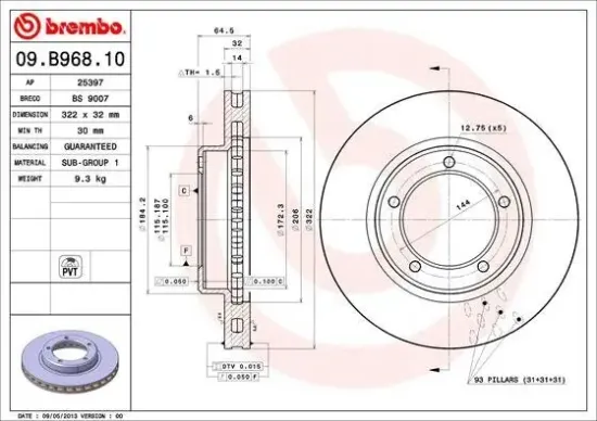 Bremsscheibe Vorderachse BREMBO 09.B968.11 Bild Bremsscheibe Vorderachse BREMBO 09.B968.11