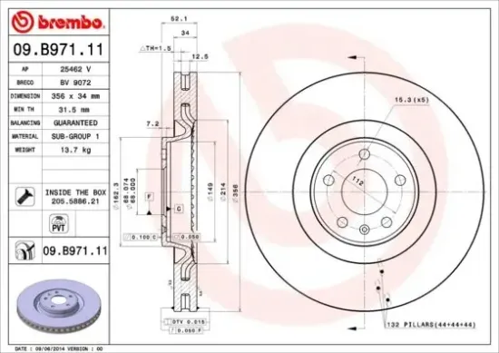 Bremsscheibe Vorderachse BREMBO 09.B971.11 Bild Bremsscheibe Vorderachse BREMBO 09.B971.11