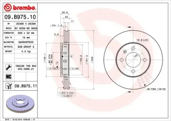 Bremsscheibe BREMBO 09.B975.11 Bild Bremsscheibe BREMBO 09.B975.11