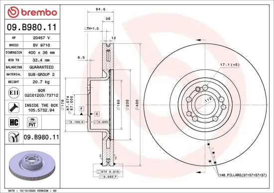 Bremsscheibe Vorderachse BREMBO 09.B980.11 Bild Bremsscheibe Vorderachse BREMBO 09.B980.11