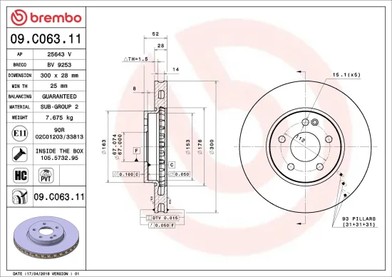 Bremsscheibe Vorderachse BREMBO 09.C063.11 Bild Bremsscheibe Vorderachse BREMBO 09.C063.11