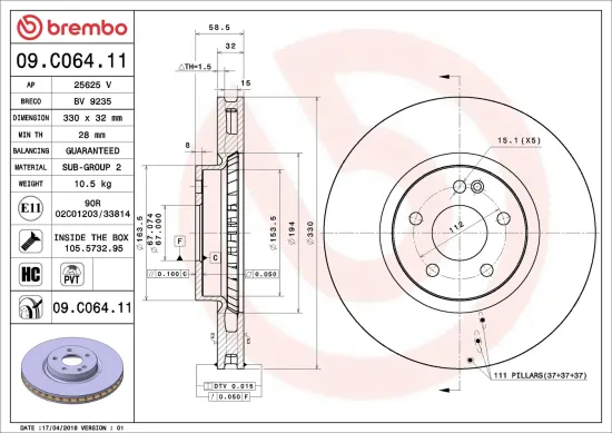 Bremsscheibe Vorderachse BREMBO 09.C064.11 Bild Bremsscheibe Vorderachse BREMBO 09.C064.11