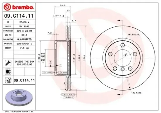 Bremsscheibe Vorderachse BREMBO 09.C114.11 Bild Bremsscheibe Vorderachse BREMBO 09.C114.11