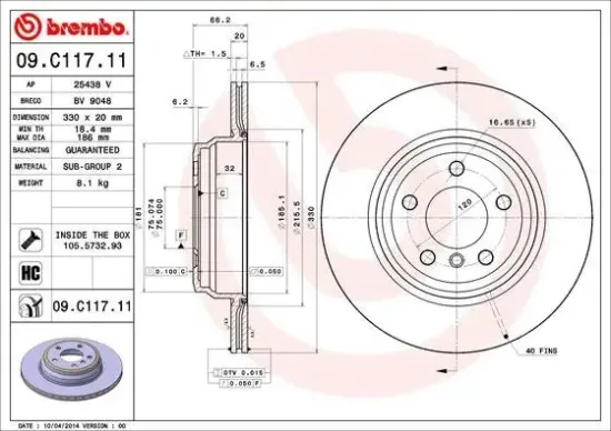 Bremsscheibe Hinterachse BREMBO 09.C117.11 Bild Bremsscheibe Hinterachse BREMBO 09.C117.11