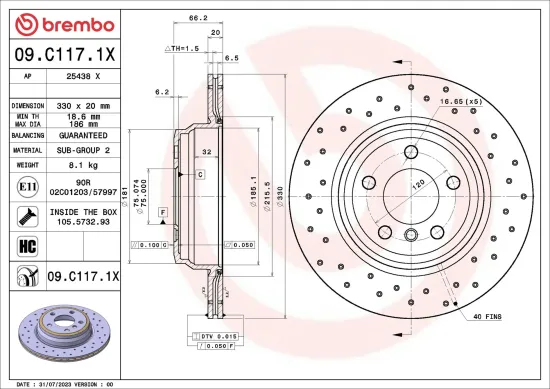 Bremsscheibe Hinterachse BREMBO 09.C117.1X Bild Bremsscheibe Hinterachse BREMBO 09.C117.1X
