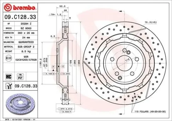 Bremsscheibe Hinterachse BREMBO 09.C128.33 Bild Bremsscheibe Hinterachse BREMBO 09.C128.33